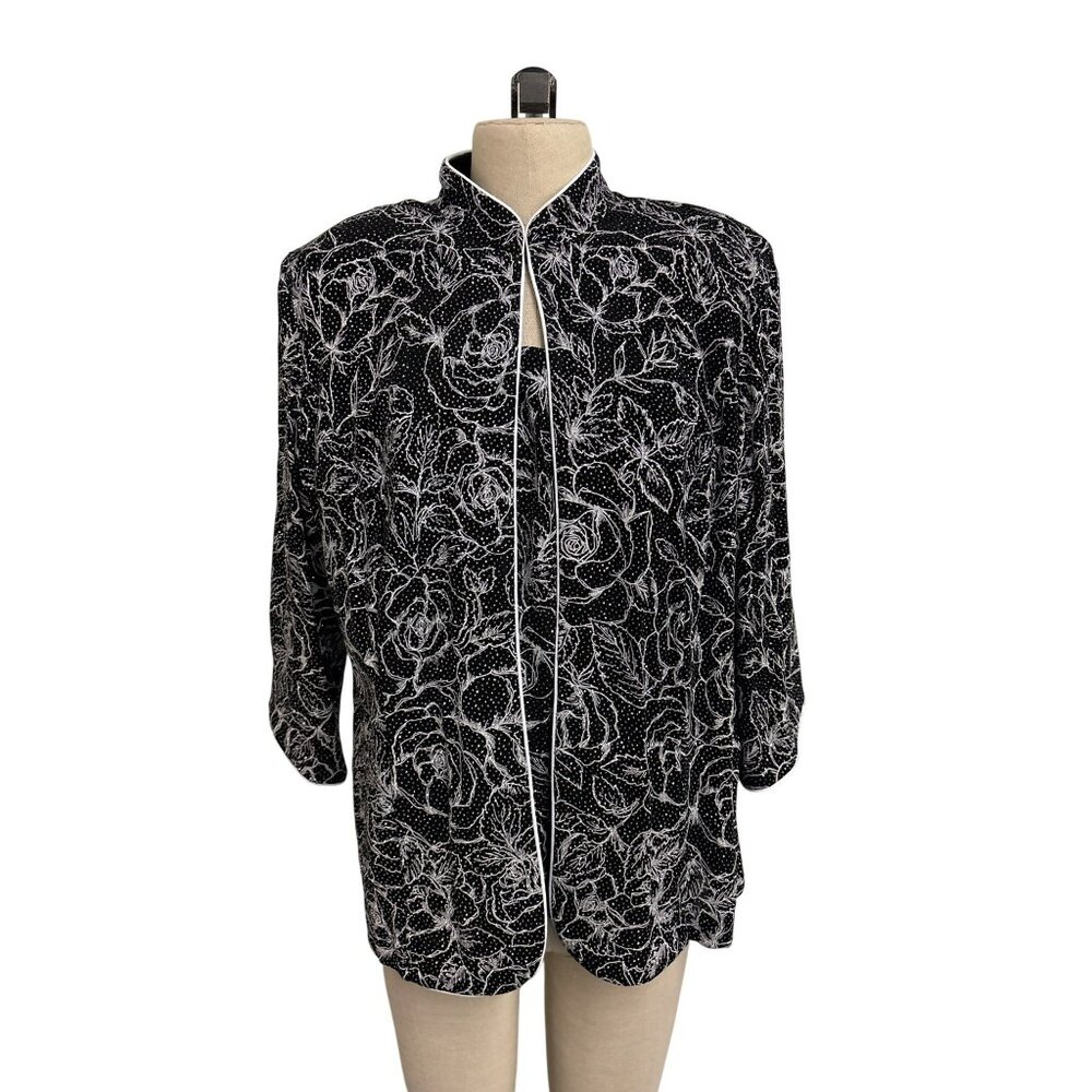 Alex Evenings Womens 2-Piece Black White Floral Print Jacket Tank Top Set 1X